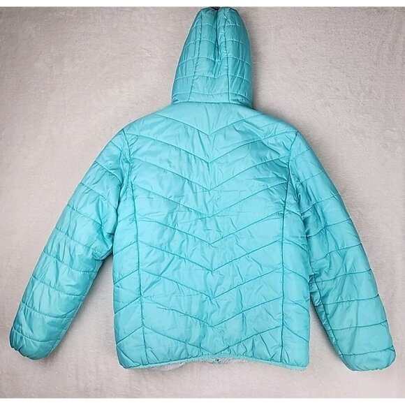 Eddie Bauer Girls Reversible Hooded Blue Jacket Puffer Pink Fleece Size 14-16 XL - Picture 5 of 11